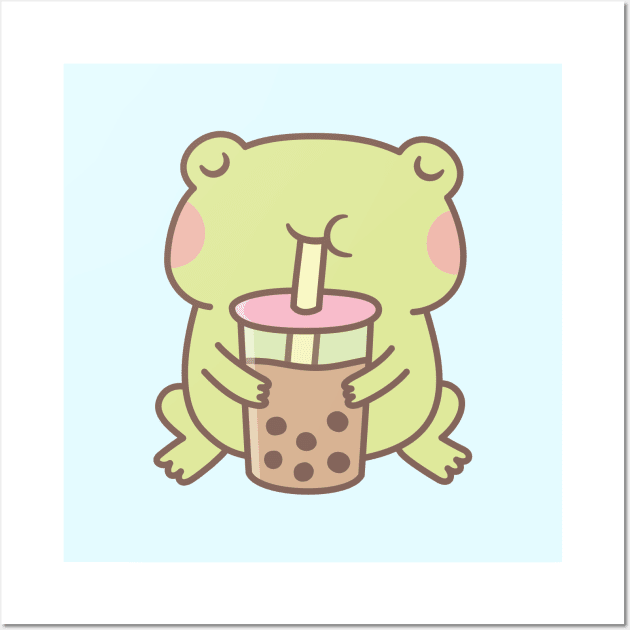 Cute Frog Drinking Boba Bubble Tea Wall Art by rustydoodle